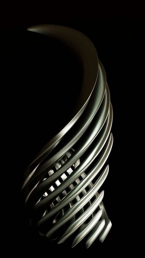 Modern abstract sculpture with curved metallic lines on a dark background.