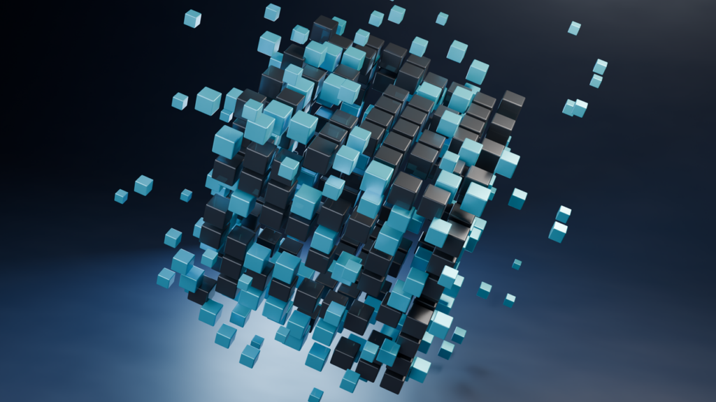 Dynamic 3D cubes forming a futuristic, geometric pattern in a digital abstract composition.